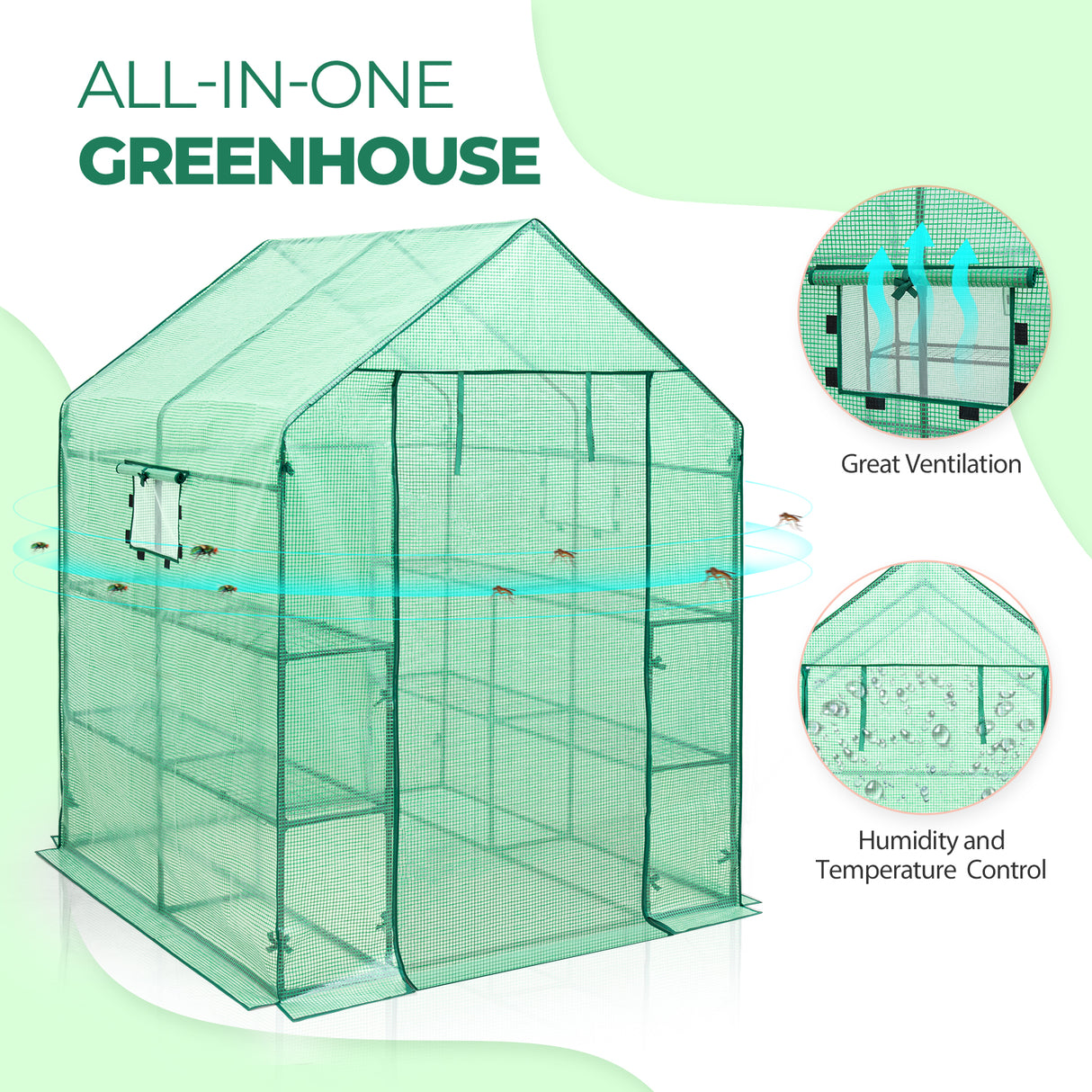 EAGLE PEAK Mini Walk-in Greenhouse 2 Tiers 8 Shelves with Roll-up Zipper Door and 2 Side Mesh Windows, Outdoor Indoor Portable Gardening Plant House 57'' x 57'' x 77'' , Green
