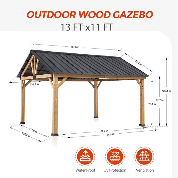 EAGLE PEAK 13x11 Cedar Frame Hardtop Gazebo, Natural Wood Outdoor Pavilion with Black Powder Coated Steel Gable Roof, 12x10 Frame, Black