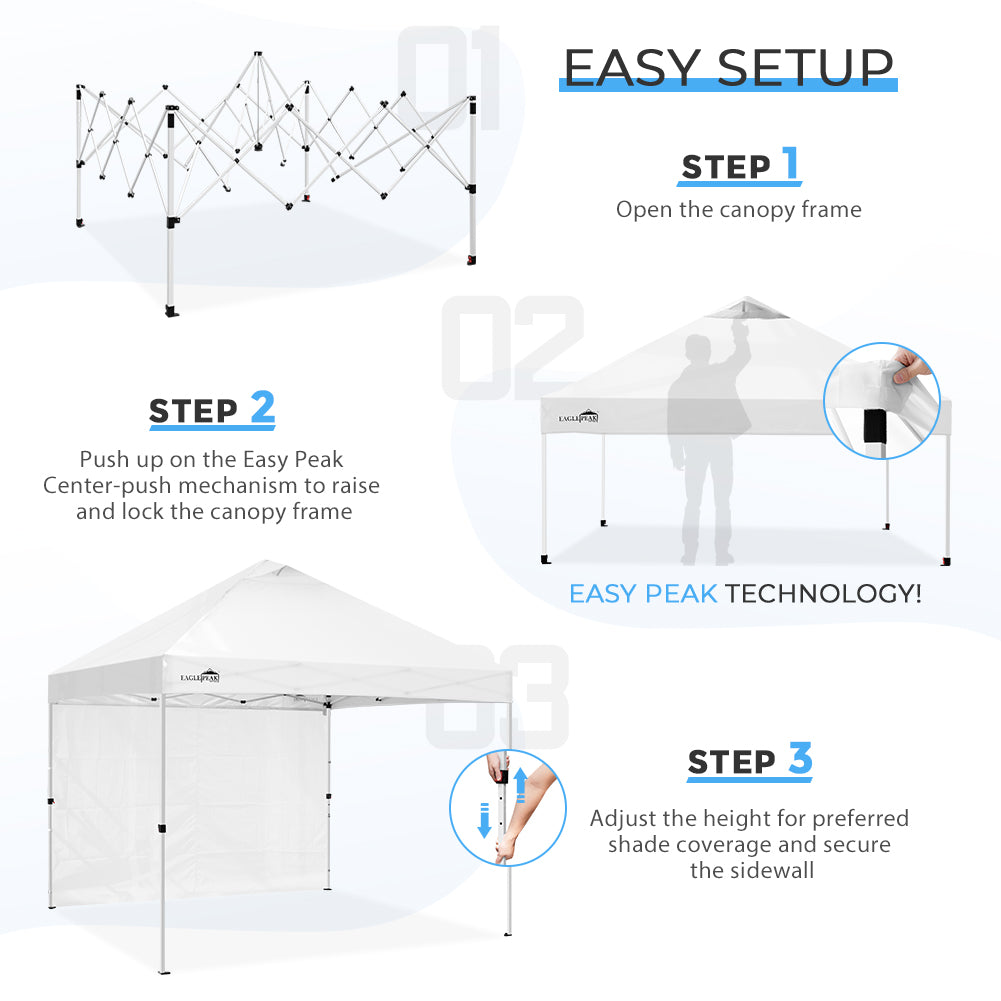 EAGLE PEAK MP100 10x10 Professional Commercial Pop Up Canopy Tent Instant MarketPlace Outdoor Canopy Easy Set-up Folding Shelter w/Zipper Attach Sunwall and 100 Sq Ft of Shade (White)
