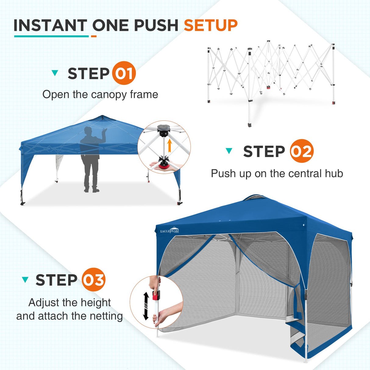 EAGLE PEAK 10x10 Outdoor Pop Up Canopy Tent, Pop Up Screenhouse with Mosquito Netting, Vented Top and Wheeled Carrying Bag - Eagle Peak®