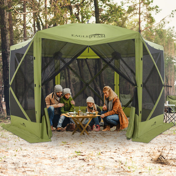 EAGLE PEAK 12 x 12 ft Portable Quick Pop Up 6 Sided Instant Gazebo Canopy, Outdoor Camping Screen Tent with Mesh Netting 8 Person, Green / Beige