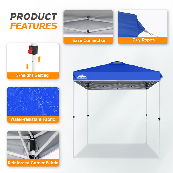 EAGLE PEAK 6.6x6.6 Pop Up Canopy Tent Instant Outdoor Canopy Easy Set-up Straight Leg Folding Shelter with Wheeled Bag, 8 Stakes and 4 Ropes, Blue/White