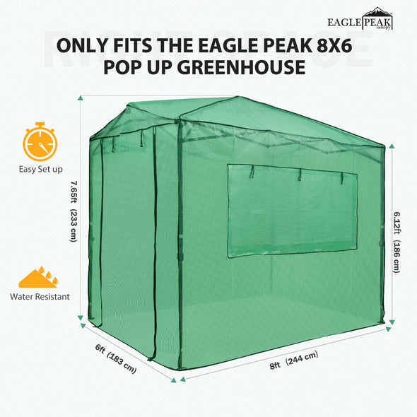 EAGLE PEAK Replacement Cover for 8x6 Portable Walk-in Greenhouse, Front and Rear Roll-Up Zipper Entry Doors and 2 Large Roll-Up Side Windows (Frame Not Included)