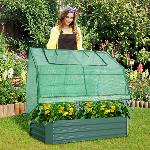 EAGLE PEAK 4x3x1 Outdoor Galvanized Steel Raised Garden Bed with Greenhouse 2 Zippered Windows, Planter Kit Box Thick Steel Flower Bed for Herbs, Fruits and Vegetables, Green
