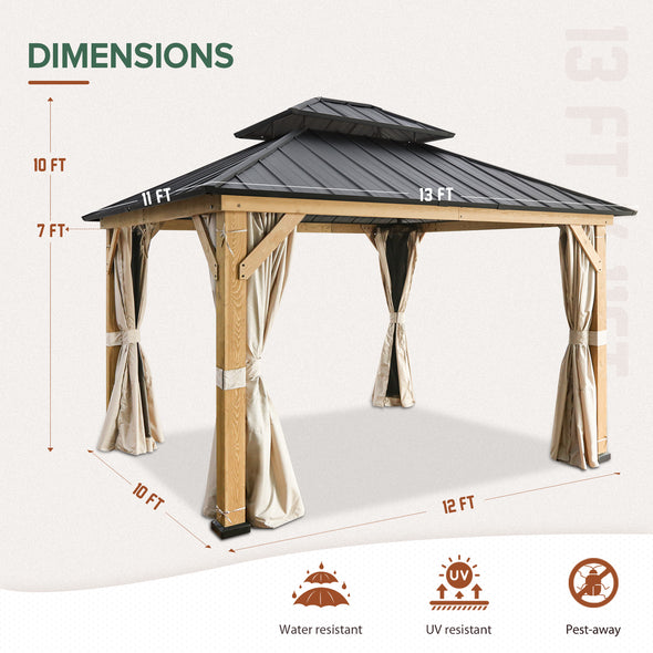 EAGLE PEAK 13x11 Outdoor Cedar Framed Hardtop Double Roof Gazebo for Garden, Patio, Lawn and Party, Mosquito Mesh Netting and Light Beige Privacy Curtains Included, Black