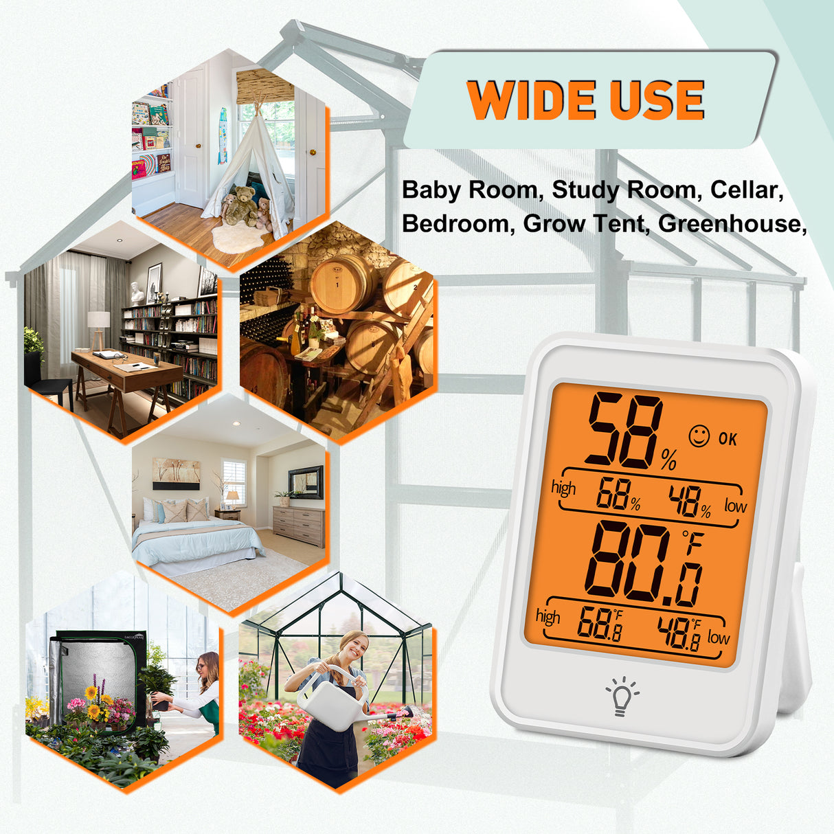 EAGLE PEAK Digital Hygrometer Thermometer Humidity Gauge with Backlight Display, Indoor Room Thermometer with Temperature Humidity Monitor for Nursery Room Greenhouse, White