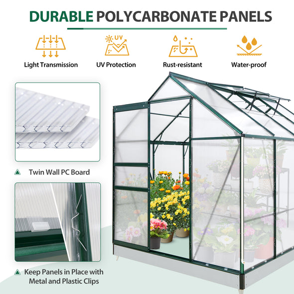 EAGLE PEAK 6x8x7 Polycarbonate and Aluminum Walk-in Hobby Greenhouse with Adjustable Roof Vent, Rain Gutter, Base, and Anchor, Outdoor Green House for Backyard Gardening