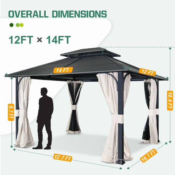 EAGLE PEAK 12x14 Outdoor Permanent Double Roof Hardtop Gazebo with Arched Corner Steel Frame, Mosquito Mesh Netting and Light Beige Privacy Curtains, Backyard Patio Garden Gazebo Pavilion, Black