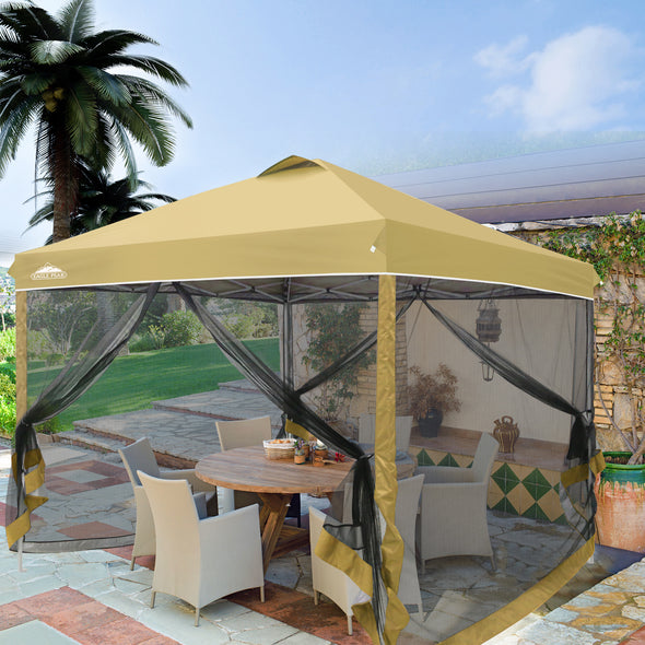 EAGLE PEAK 10x10 Outdoor Easy Pop up Canopy with Netting, Instant Screen Party Tent with Mesh Side Walls, Gray/Beige/American Flag