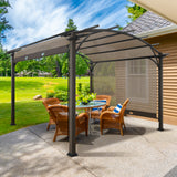 EAGLE PEAK 11.4x11.4 Outdoor Pergola with Retractable Textilene Sun Shade Canopy, Wood Looking Steel Frame Arch Patio Gazebo, Brown