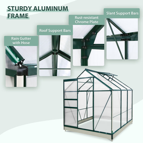 EAGLE PEAK 6x6x7 Polycarbonate and Aluminum Walk-in Hobby Greenhouse with Adjustable Roof Vent, Rain Gutter, Base, and Anchor, Outdoor Green House for Backyard Gardening