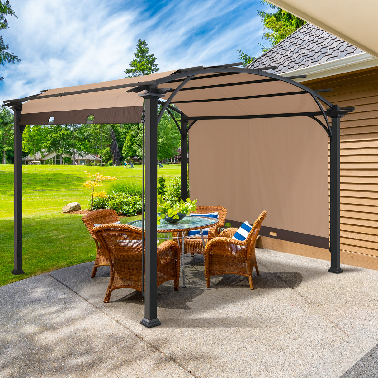 EAGLE PEAK Steel Arched Outdoor Pergola 11.4 x 11.4 ft. with Retractable and Adjustable Shade Canopy, Metal Frame Patio Sun Shelter, Beige