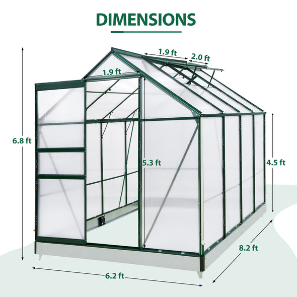 EAGLE PEAK 6x8x7 Polycarbonate and Aluminum Walk-in Hobby Greenhouse with Adjustable Roof Vent, Rain Gutter, Base, and Anchor, Outdoor Green House for Backyard Gardening