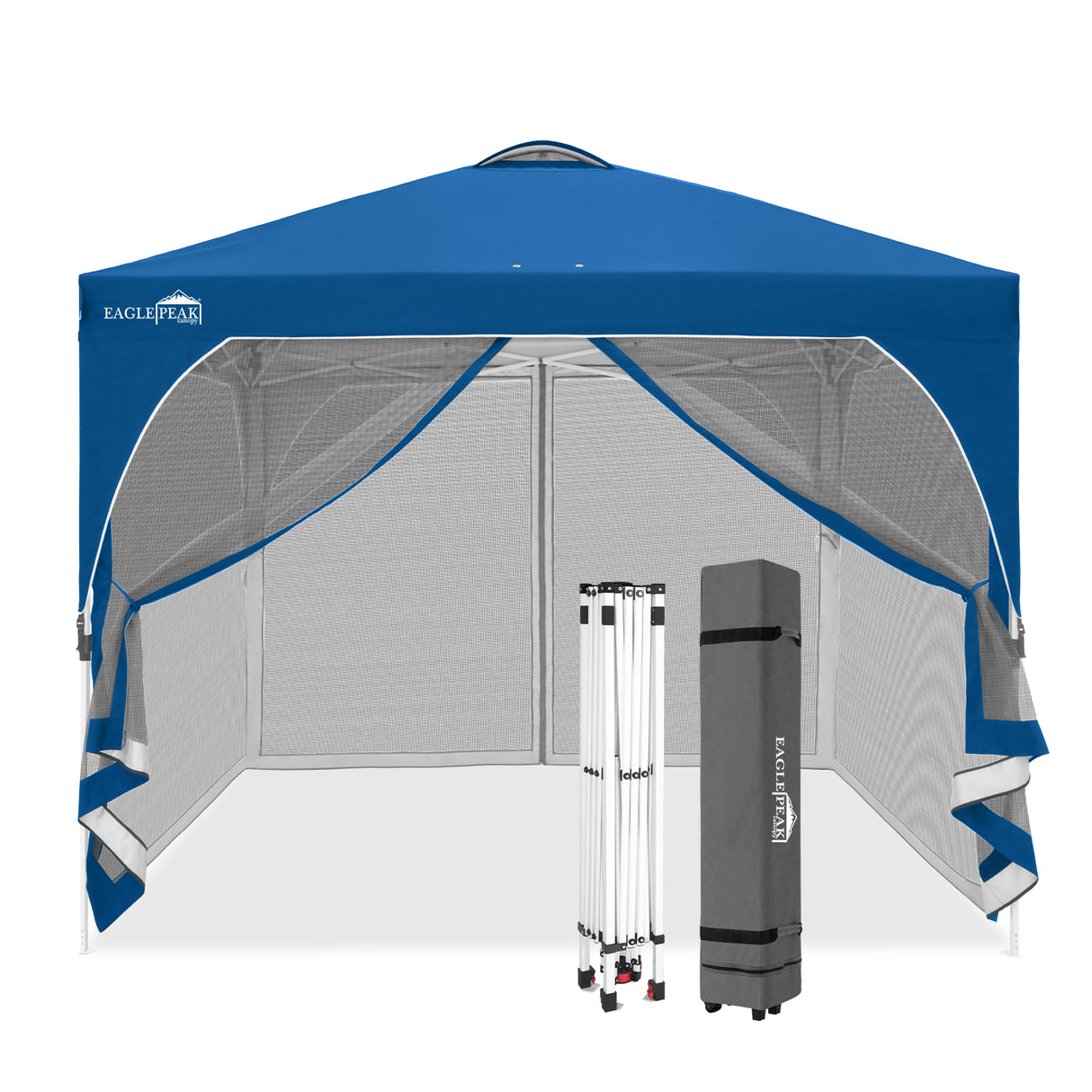EAGLE PEAK 10x10 Outdoor Pop Up Canopy Tent, Pop Up Screenhouse, Portable Sun Shelter with Mosquito Netting, Vented Top and Wheeled Carrying Bag, Gray/White/Blue
