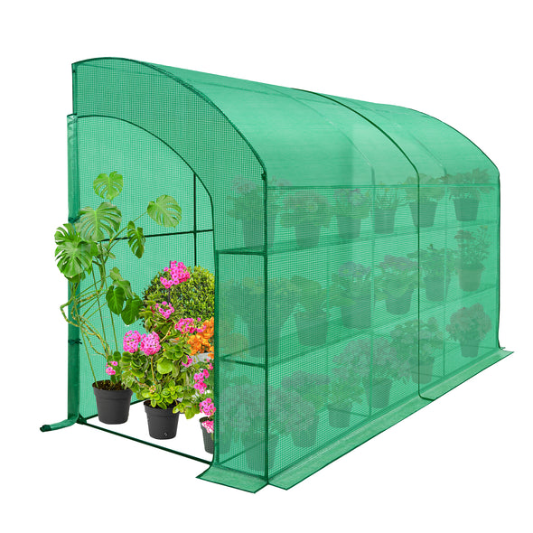 EAGLE PEAK 9.9x4.9x7.1 Outdoor Lean to Walk-in Greenhouse with Shelf, Gardening Wall Mounted Green House with Roll-up Zipper Entry Doors, Green