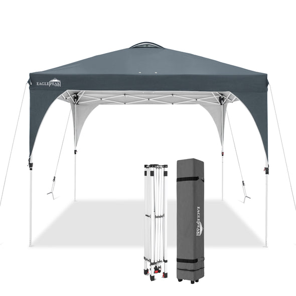 EAGLE PEAK 10x10 Outdoor Pop Up Canopy Tent, Portable Sun Shelter, Vented Top and Wheeled Carrying Bag, Blue/White/Gray