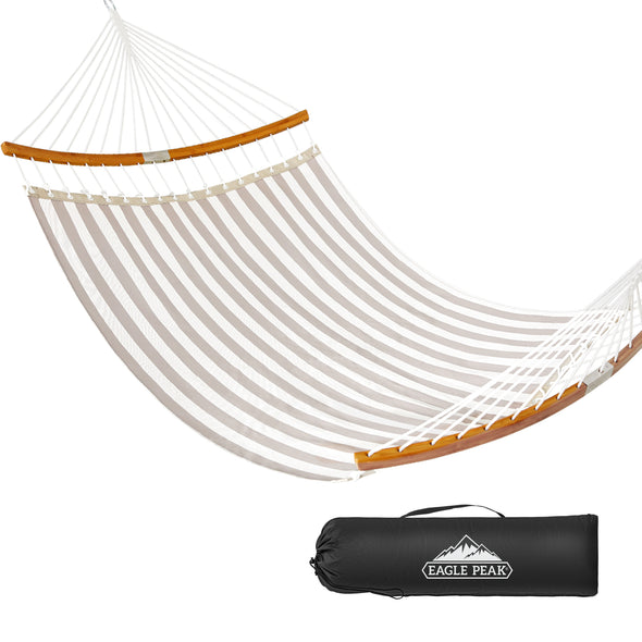 EAGLE PEAK 11 FT Quick Dry Double Hammock with Folding Curved Spreader Bar, 2 Person Portable Hammock for Patio, Camping, Pool Side, 450 lbs Capacity, Beige Stripe / Blue White Stripe
