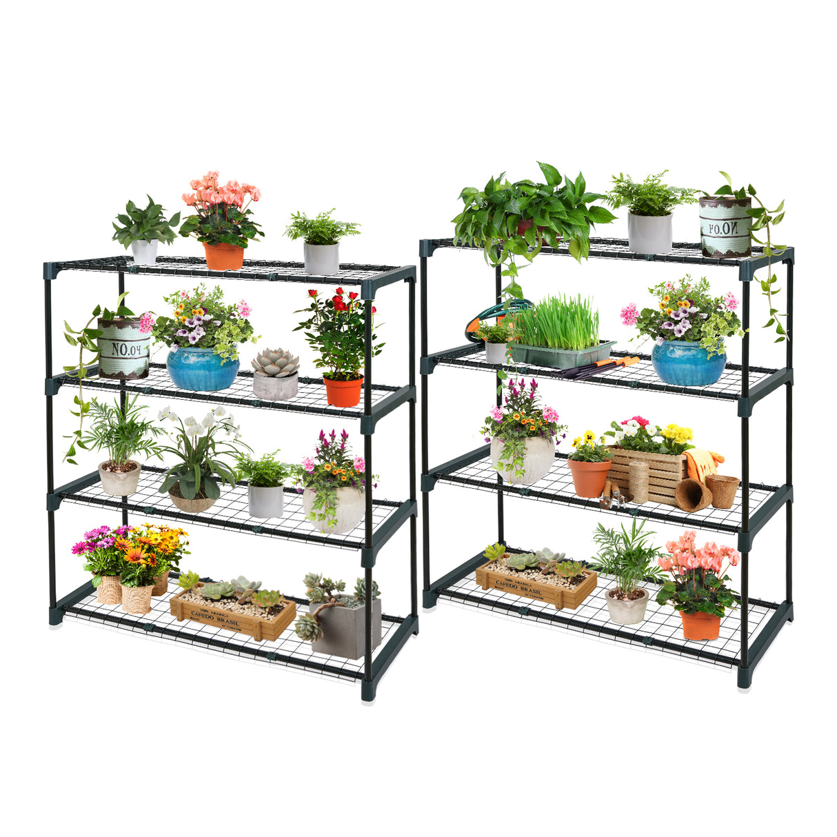 EAGLE PEAK Greenhouse Shelving Staging Double 4 Tier, Outdoor / Indoor Plant Shelves, 35" x 12" x 42", Green