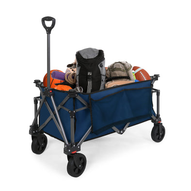 EAGLE PEAK Heavy-Duty Collapsible Folding Utility Wagon, All Terrain Garden Hand Cart with Large Size Pocket and Cup Holders for Sports, Beach, Camping, Garden, and Grocery, Black / Dark Blue