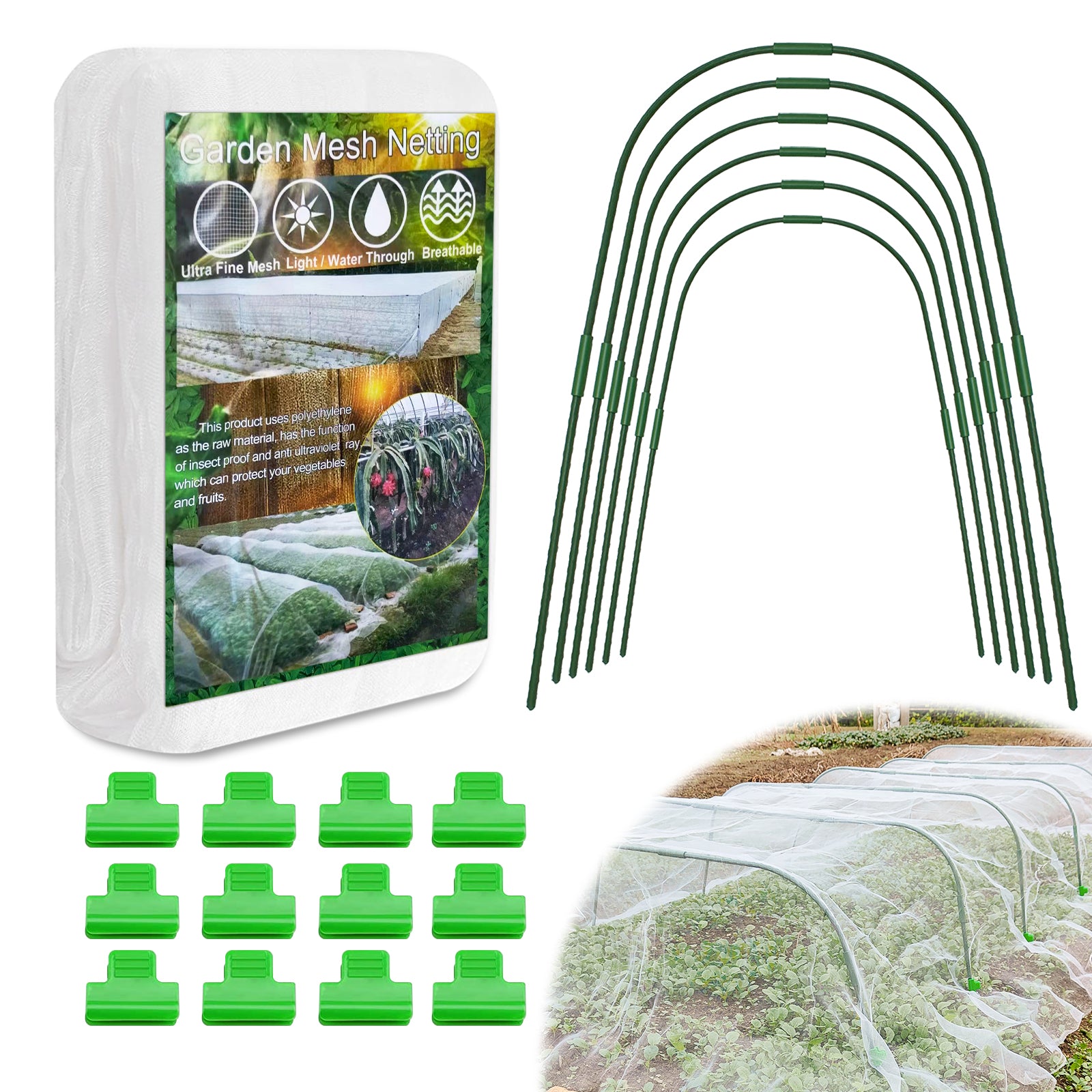 EAGLE PEAK Garden Netting Kit with 8 x 20 ft Mesh Plant Cover, 6 Packs