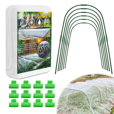 EAGLE PEAK Garden Netting Kit with 8 x 20 ft Mesh Plant Cover, 6 Packs of Garden Hoops, and 12 Clips, Birds Animals Barrier for Protection of Vegetables Crops Plants Fruits Greenhouse Row Cover